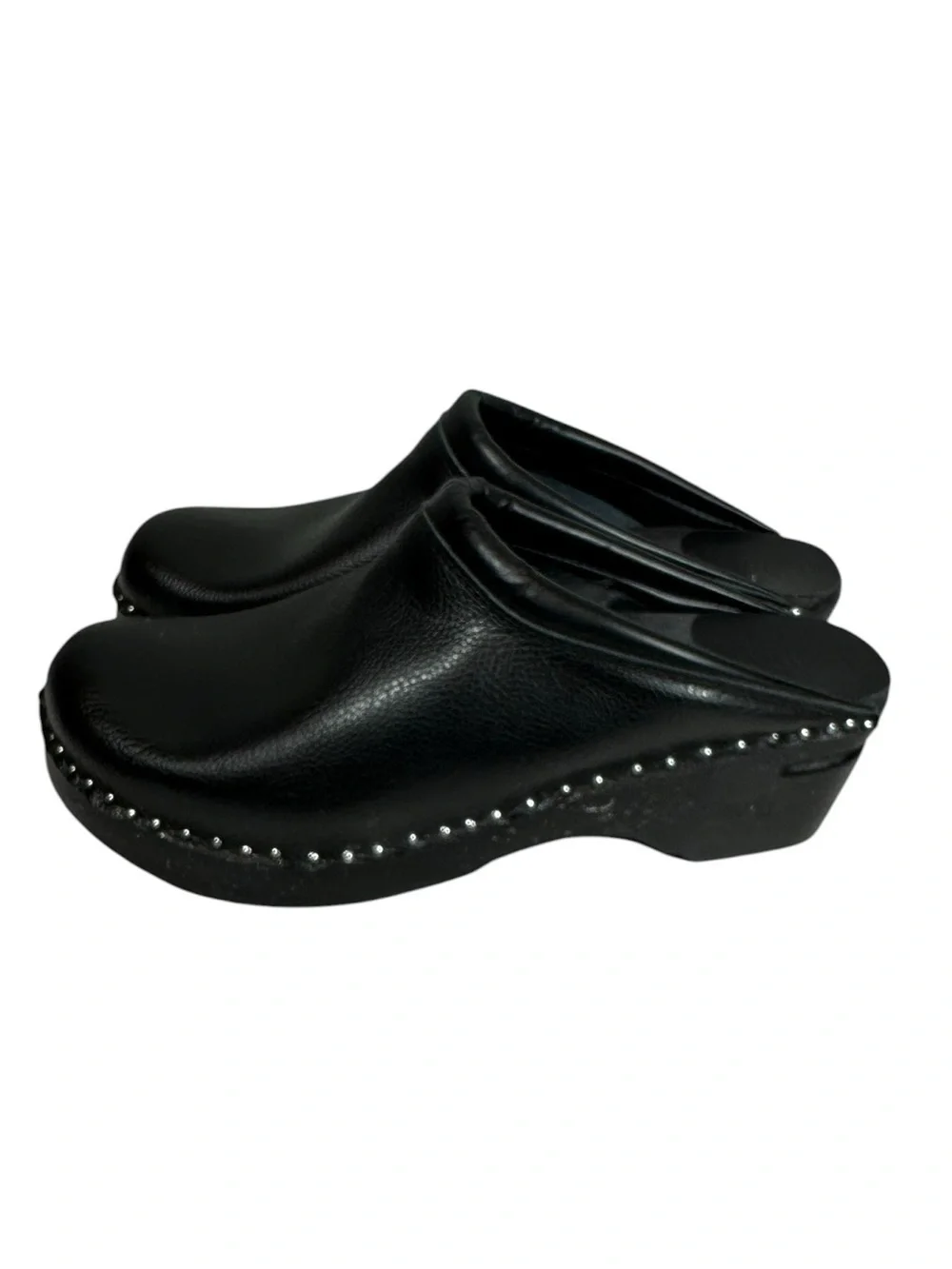 TROENTORP Swedish Women's 43 Black Smooth Leather Clogs with Silver Stud Detail